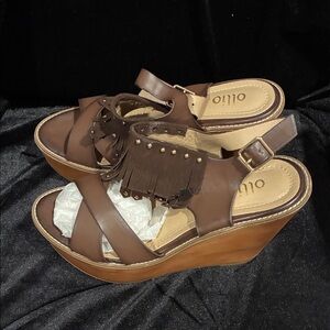 Ollio Women's Dark Brown Fringe Wedge Sandals